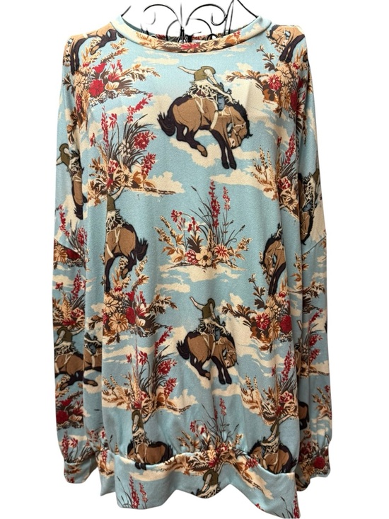 Tops - Light Blue Western Cowboy Floral Sweatshirt L/XL